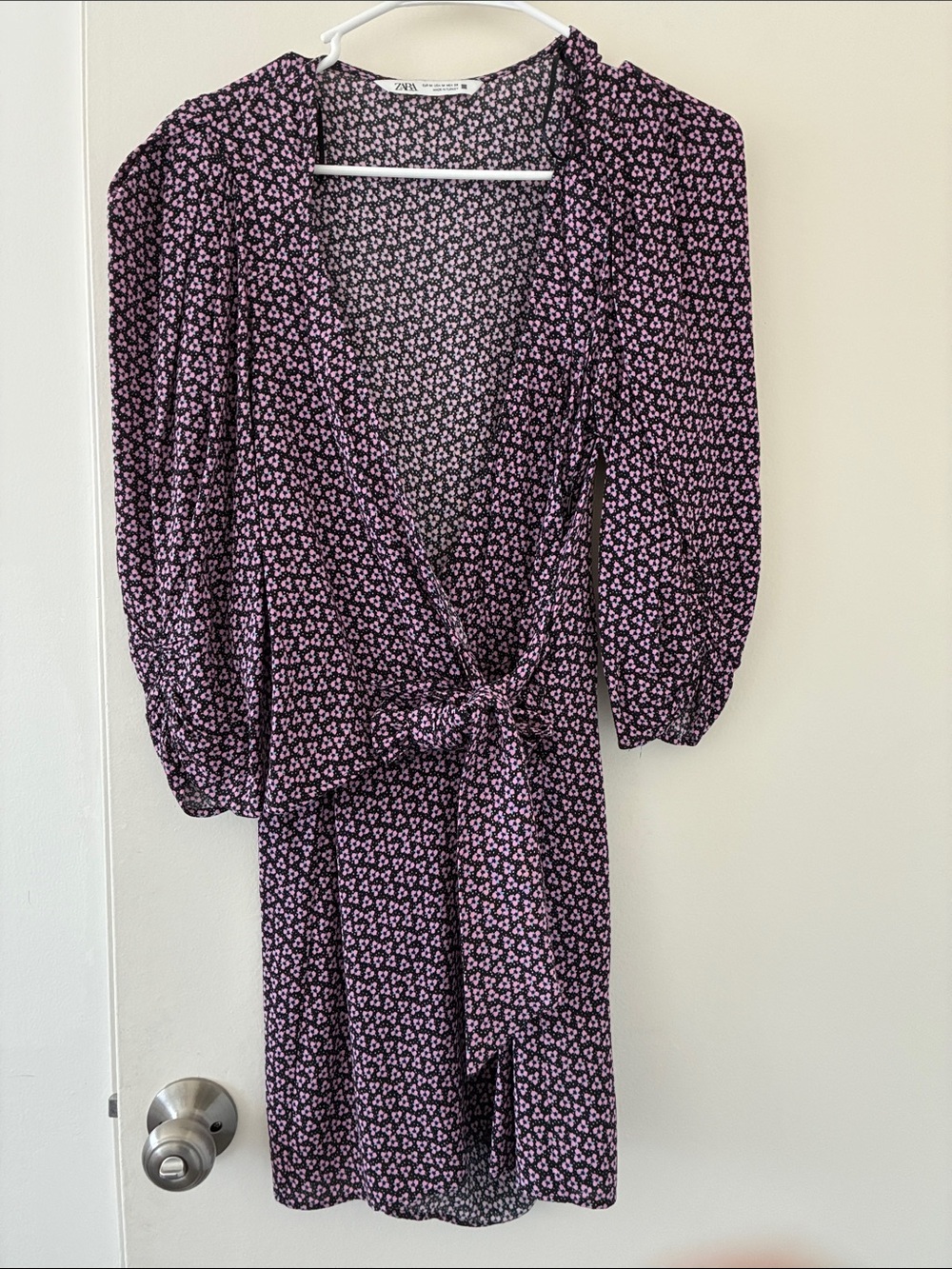 Zara Lilac and Black Floral Tie-Waist Mini Dress